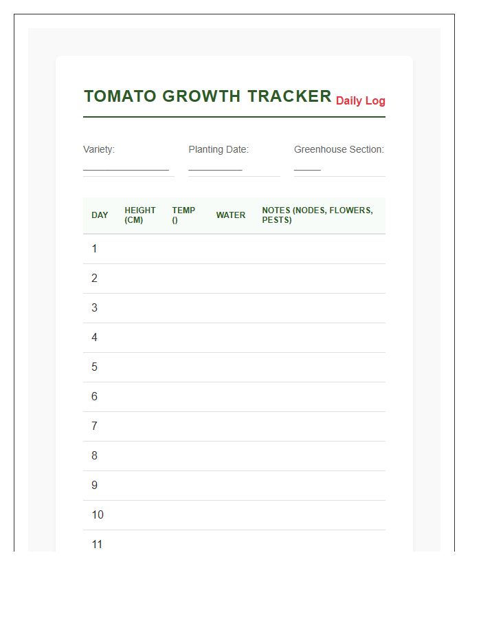 Daily Greenhouse Tomato Growth Printable Chart