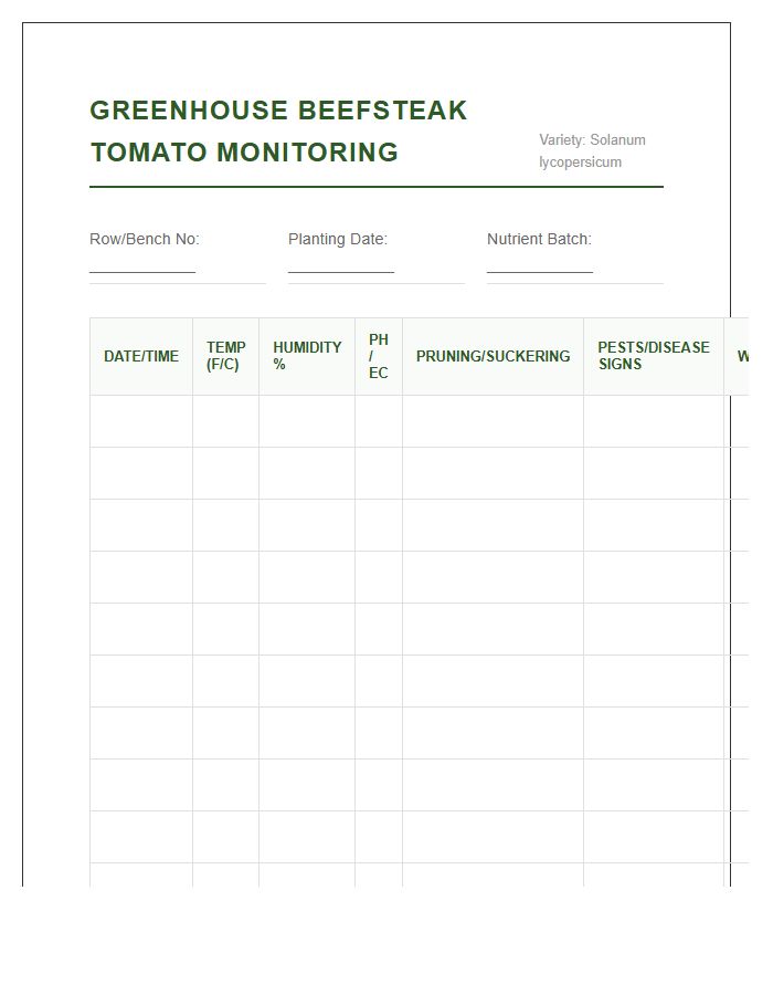 Greenhouse Beefsteak Tomato Monitoring Printable Chart