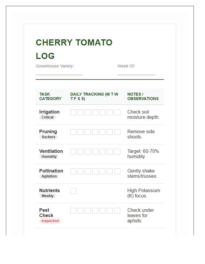 Greenhouse Cherry Tomato Maintenance Printable Chart