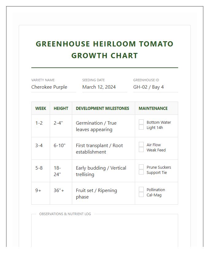 Greenhouse Heirloom Tomato Growth Printable Chart