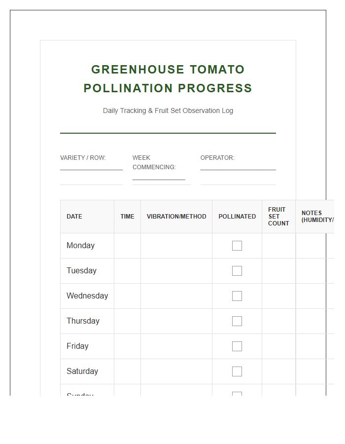 Greenhouse Tomato Pollination Progress Printable Chart