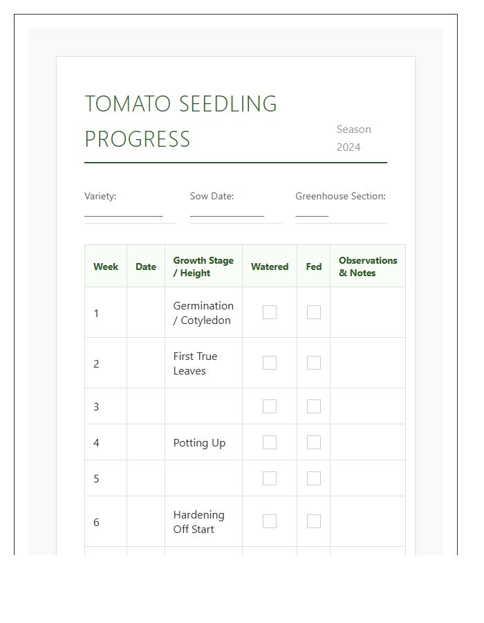 Greenhouse Tomato Seedling Progress Printable Chart