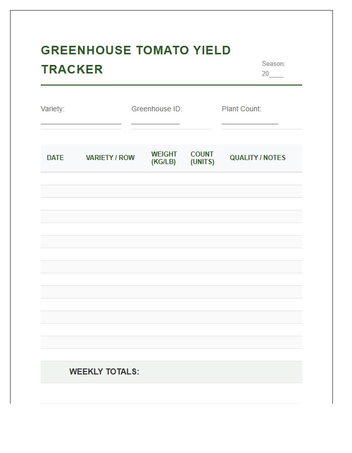 Greenhouse Tomato Yield Tracking Printable Chart