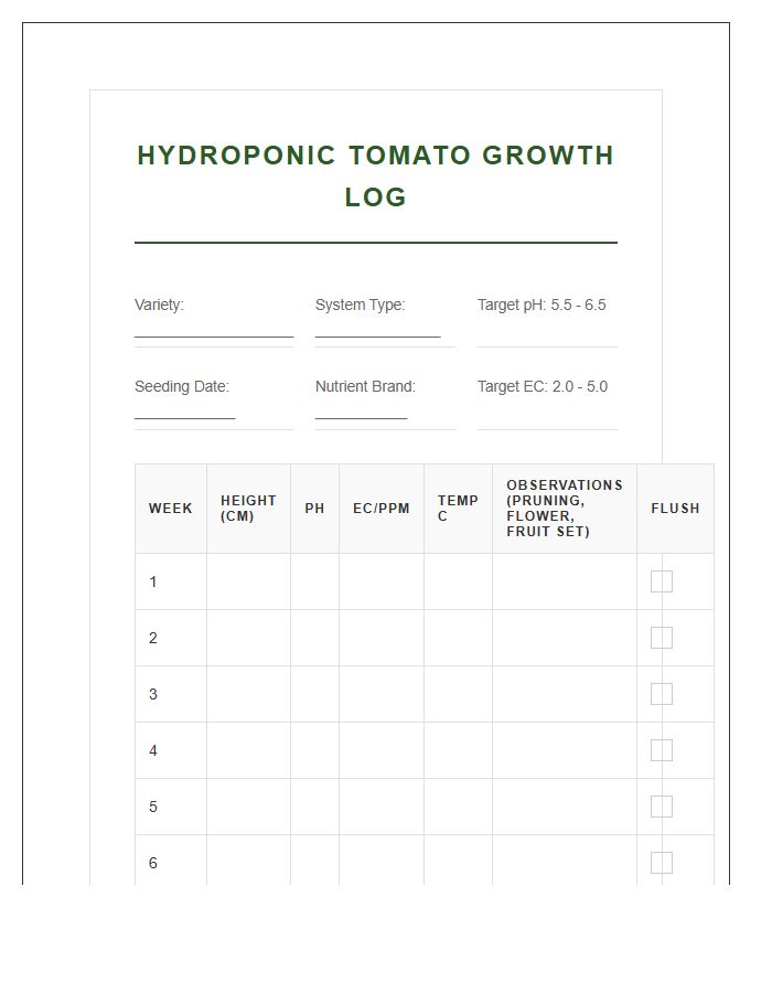 Hydroponic Greenhouse Tomato Growth Printable Chart