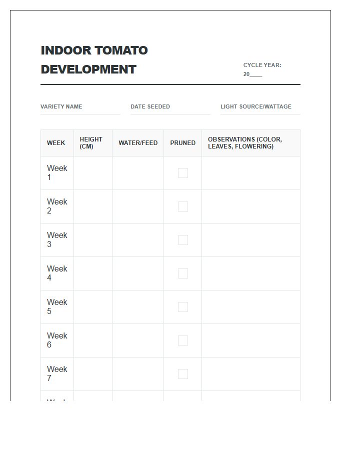 Indoor Tomato Development Tracking Printable Chart