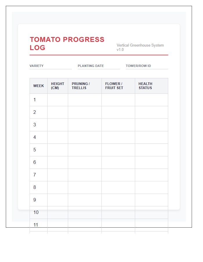Vertical Greenhouse Tomato Progress Printable Chart