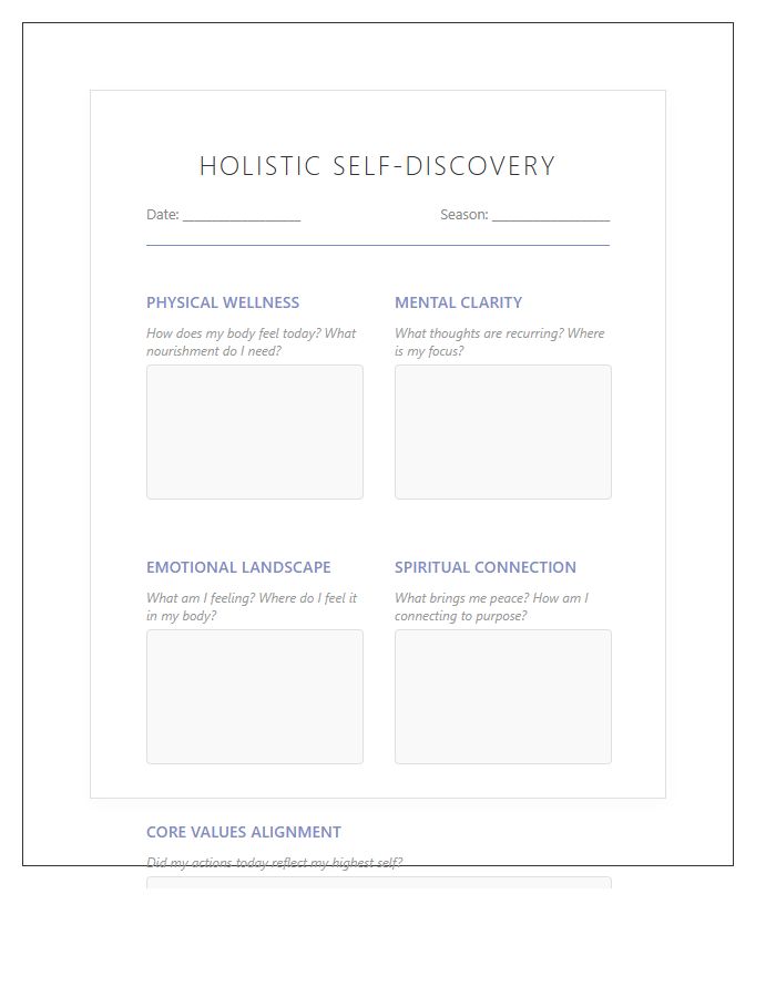 Holistic Self Discovery Printable Chart