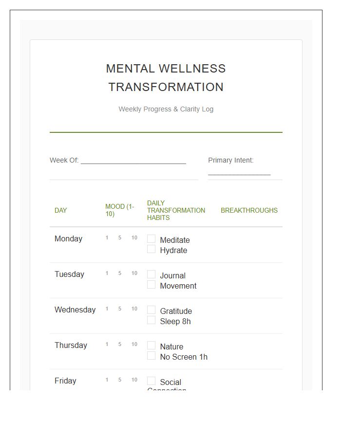 Mental Wellness Transformation Tracking Printable Chart