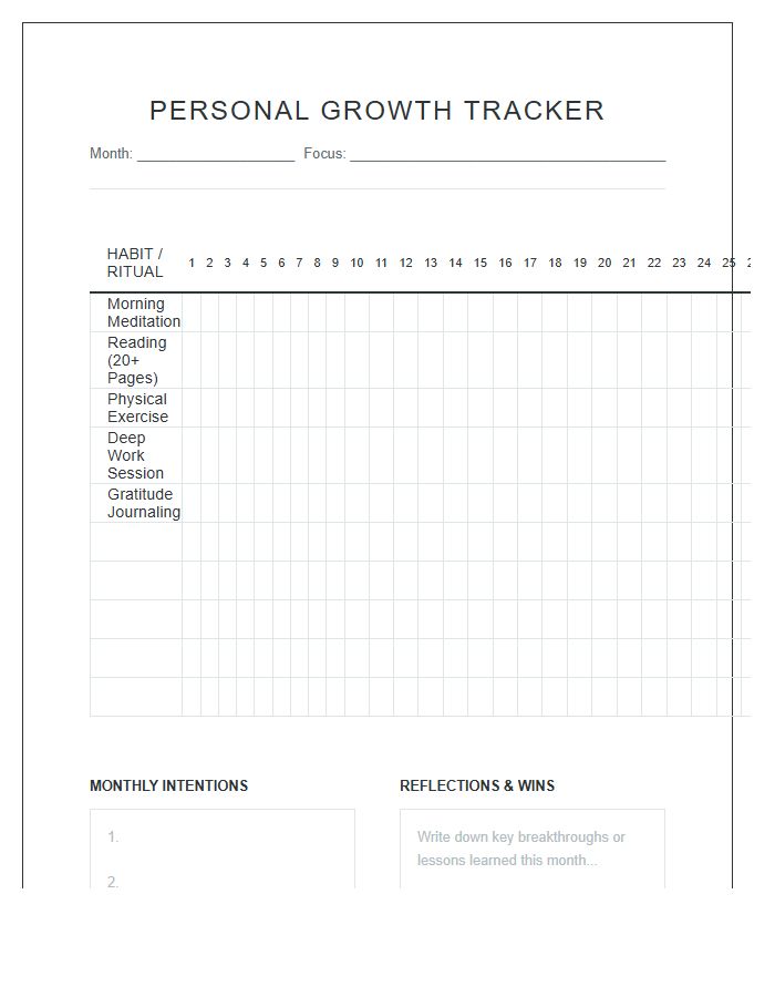 Personal Growth Habit Tracking Printable Chart