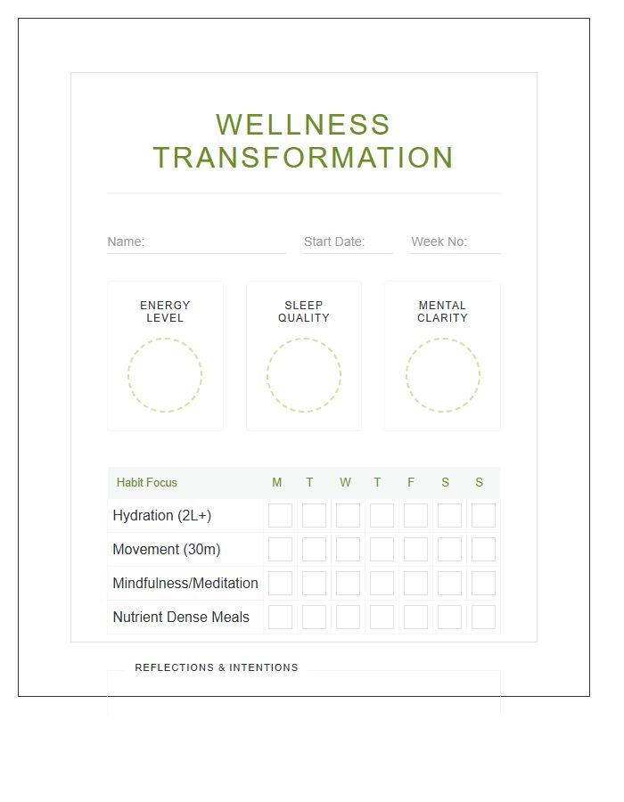 Wellness Transformation Visual Printable Chart