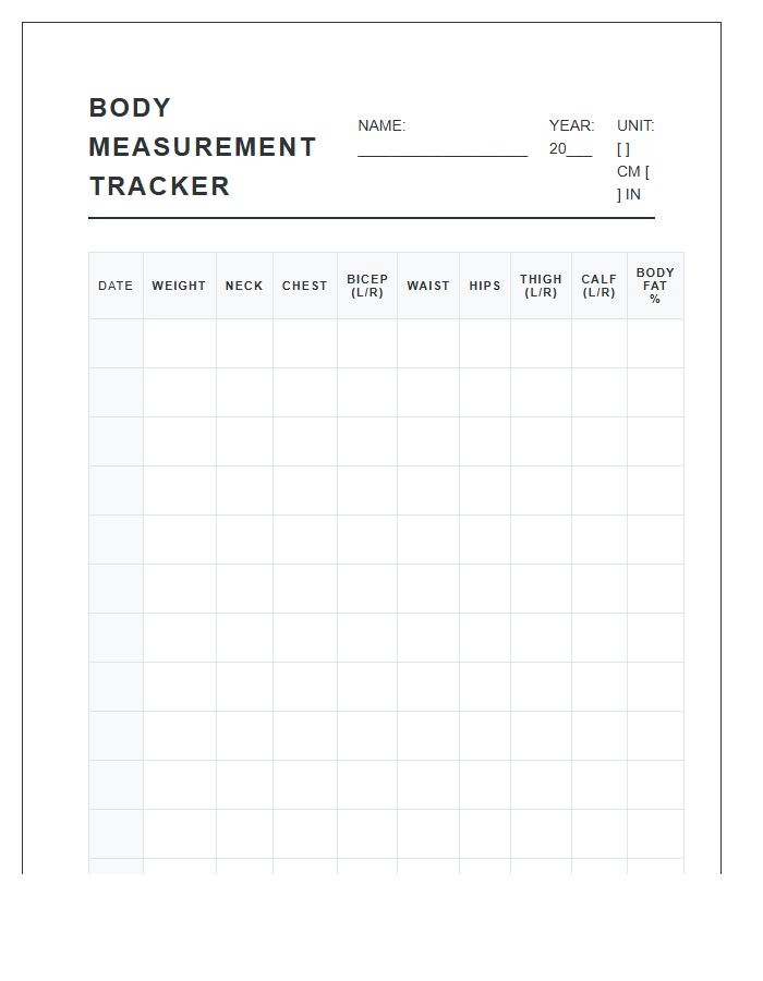Printable Body Measurement Progress Calendar Chart