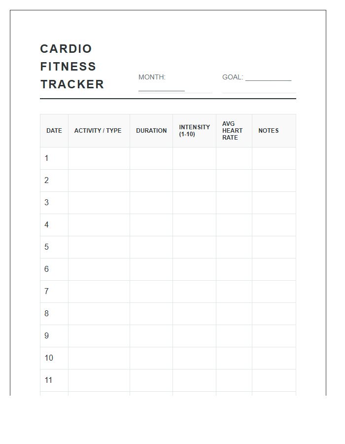 Printable Cardio Fitness Calendar Tracking Chart