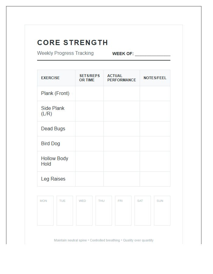 Printable Core Strength Progress Calendar Chart