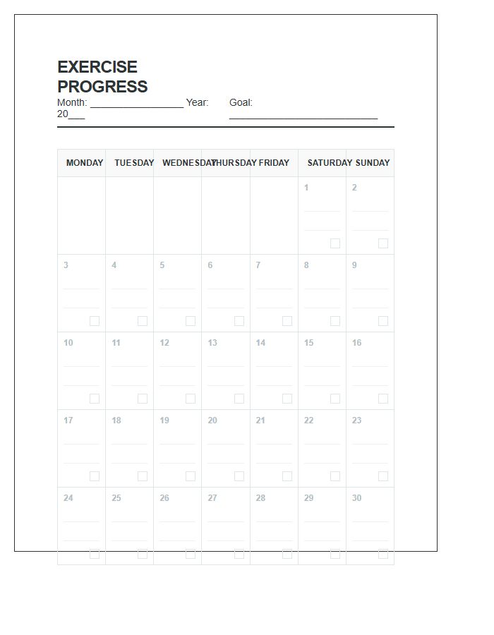 Printable Daily Exercise Progress Calendar Chart