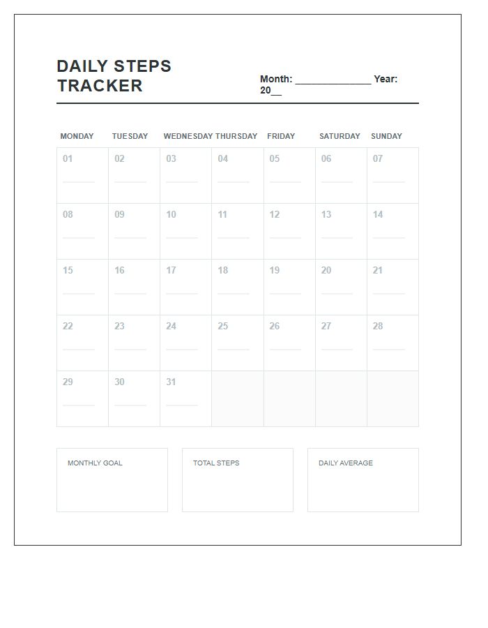Printable Daily Steps Progress Calendar Chart