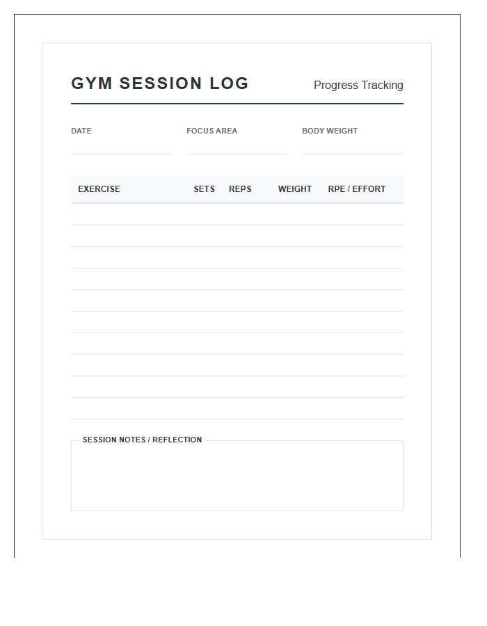 Printable Gym Session Progress Tracking Chart