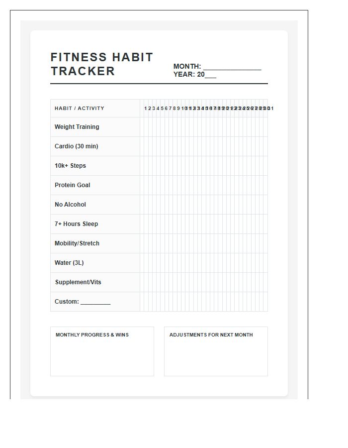 Printable Habit Tracking Fitness Calendar Chart