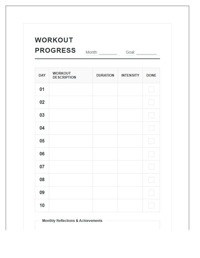 Printable Home Workout Progress Calendar Chart