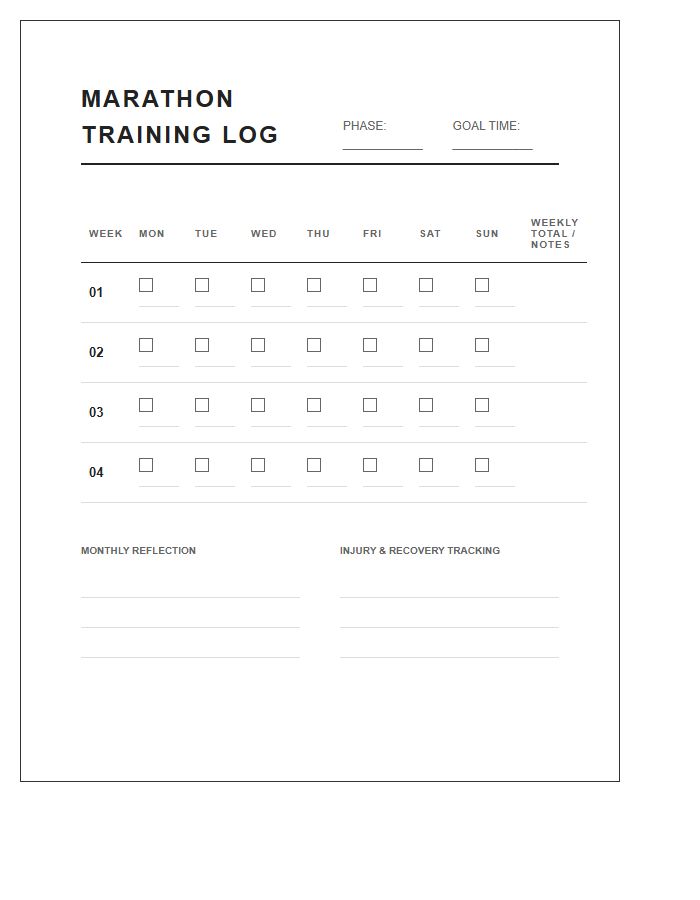 Printable Marathon Training Progress Tracking Chart