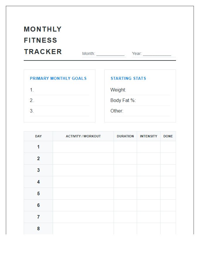 Printable Monthly Fitness Goal Tracking Chart