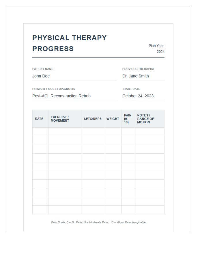 Printable Physical Therapy Progress Tracking Chart