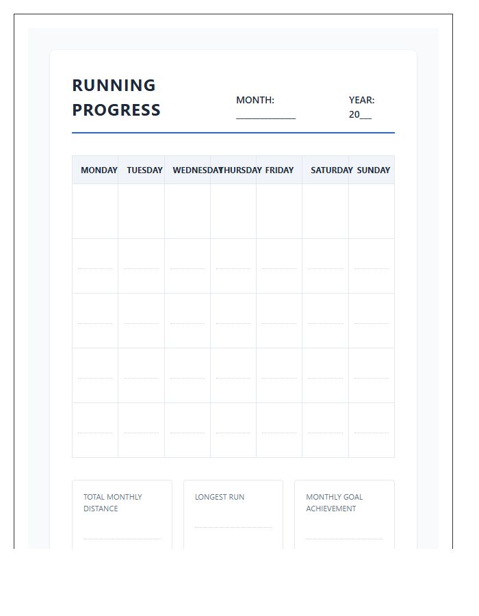 Printable Running Distance Progress Calendar Chart