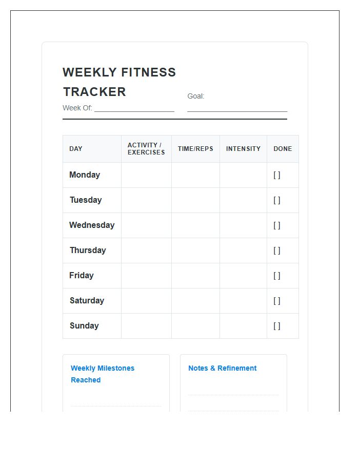Printable Weekly Fitness Milestone Tracking Chart