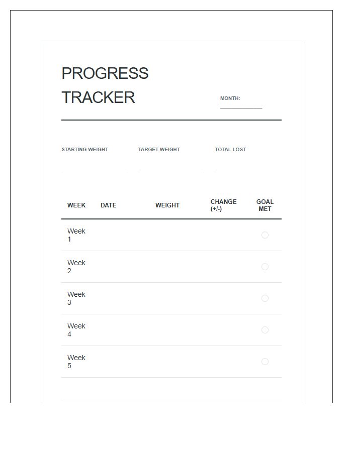 Printable Weight Loss Progress Calendar Chart