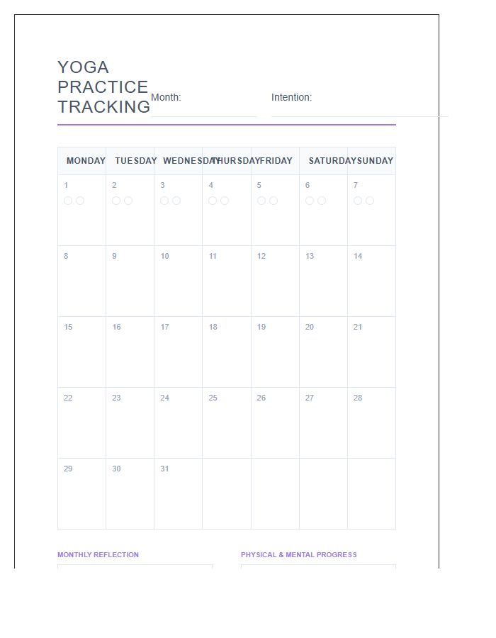 Printable Yoga Practice Tracking Calendar Chart