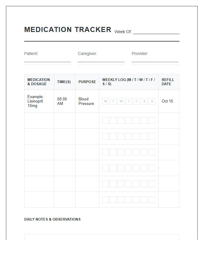 Caregiver Medication Tracking Printable Chart