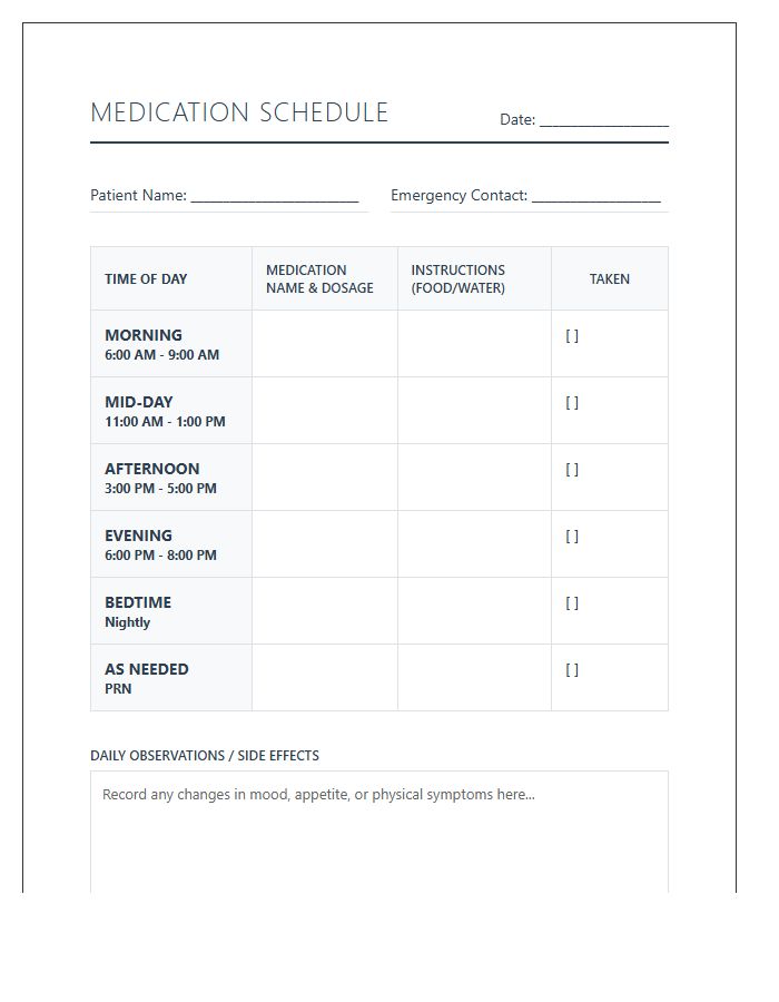 Dementia Patient Medication Schedule Printable Chart