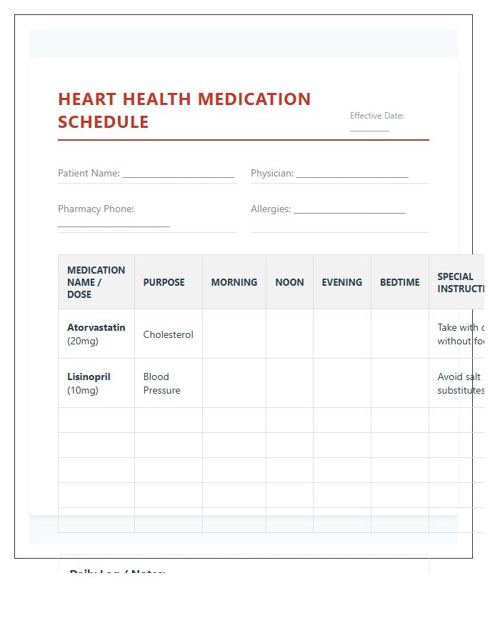 Heart Health Medication Schedule Printable Chart