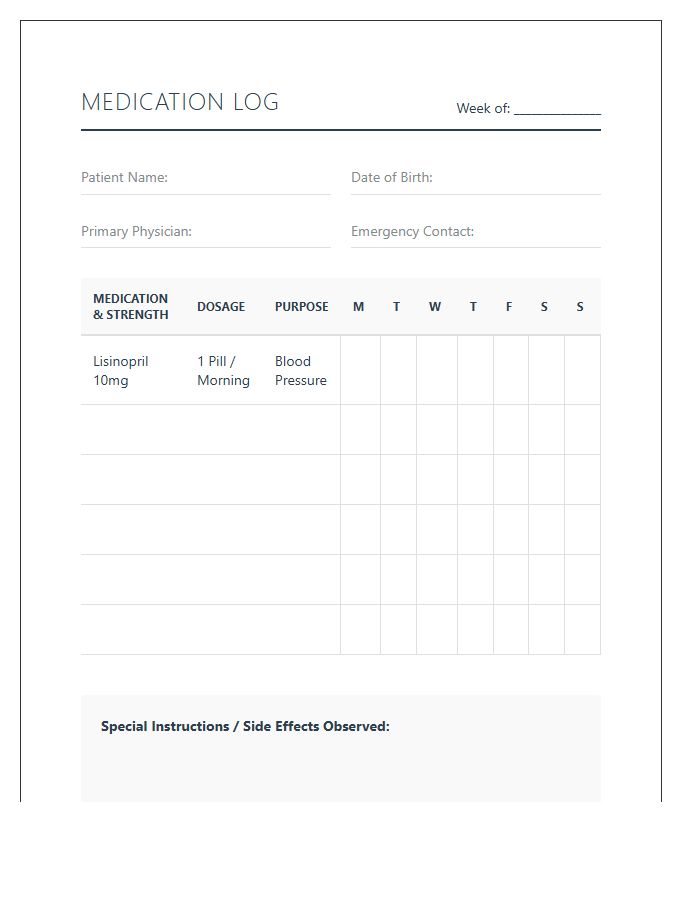 Home Health Care Medication Printable Chart