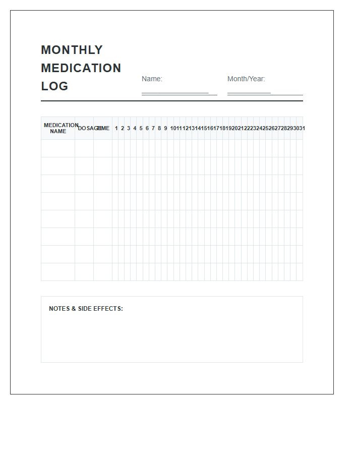 Monthly Medication Log Printable Chart