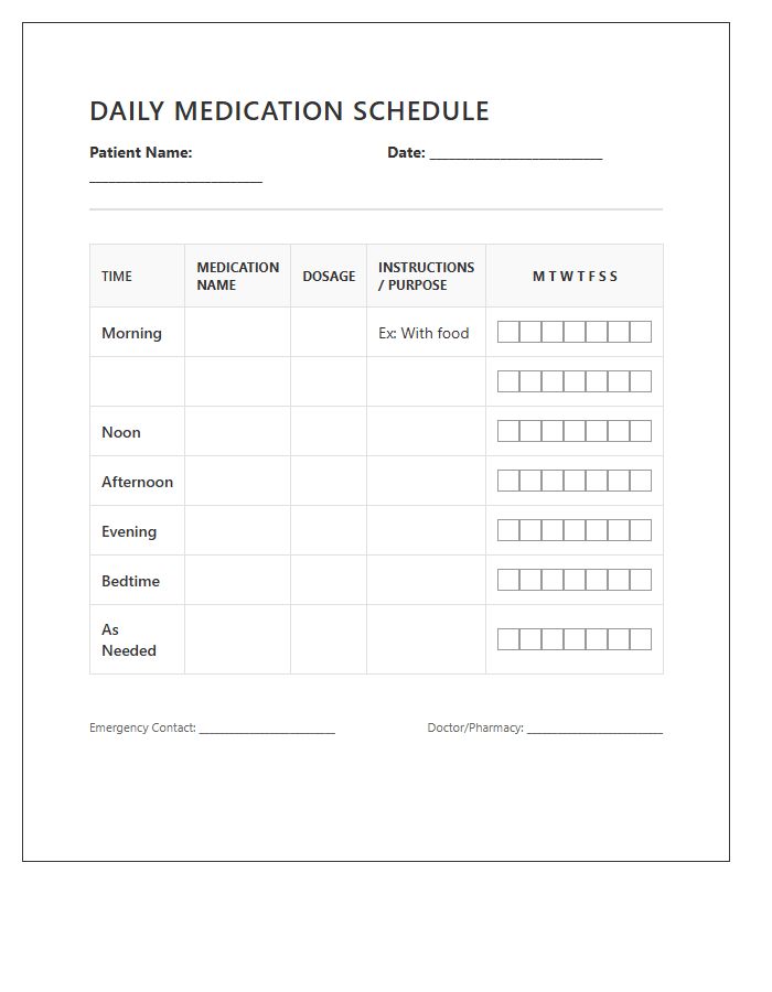 Multiple Medication Daily Schedule Printable Chart