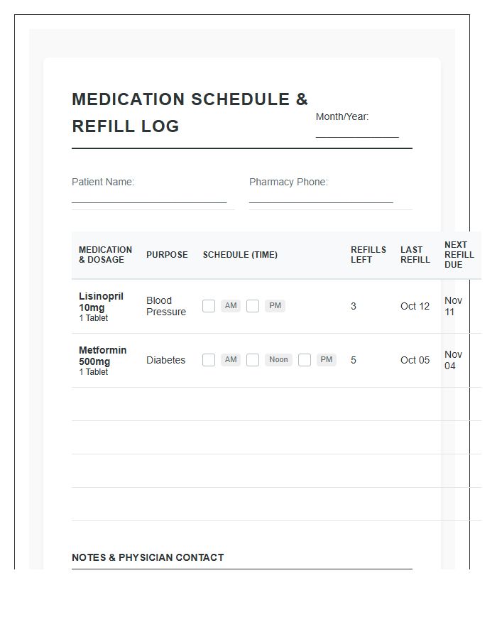 Prescription Refill Medication Schedule Printable Chart