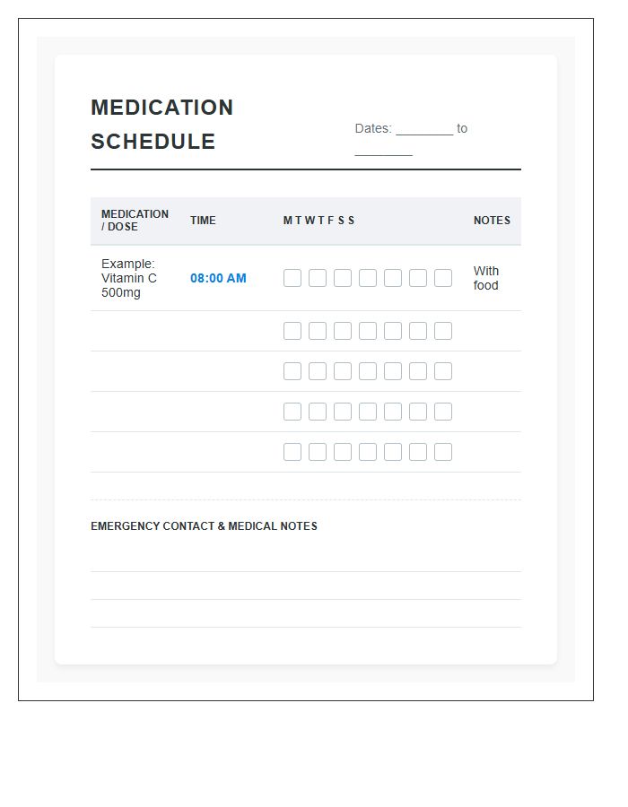 Travel Size Medication Schedule Printable Chart