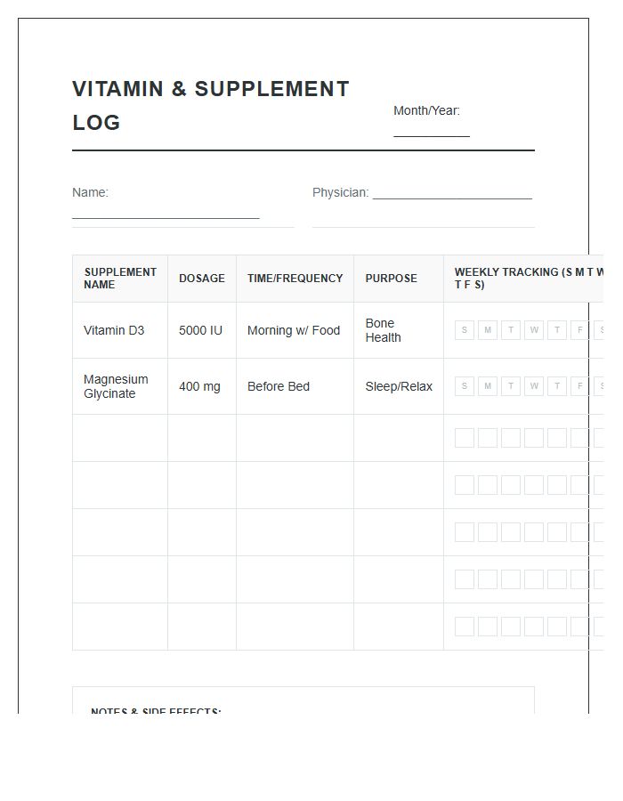 Vitamin And Supplement Medication Printable Chart