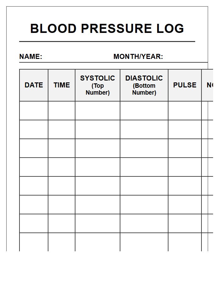 Large Print Printable Blood Pressure Tracking Chart