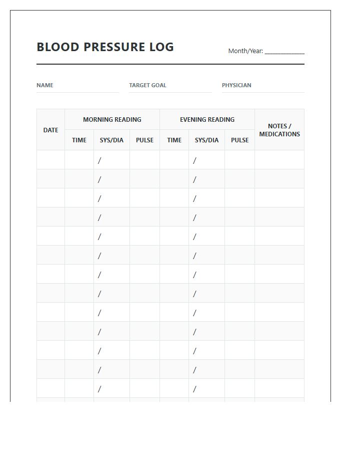 Monthly Printable Blood Pressure Tracking Chart