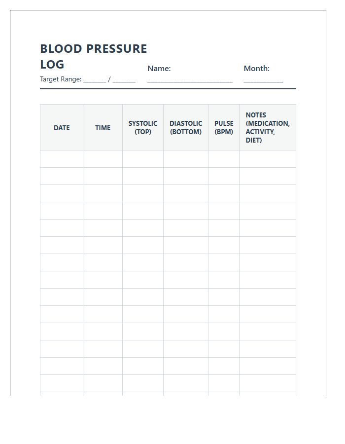 Printable Blood Pressure Tracking Chart For Seniors