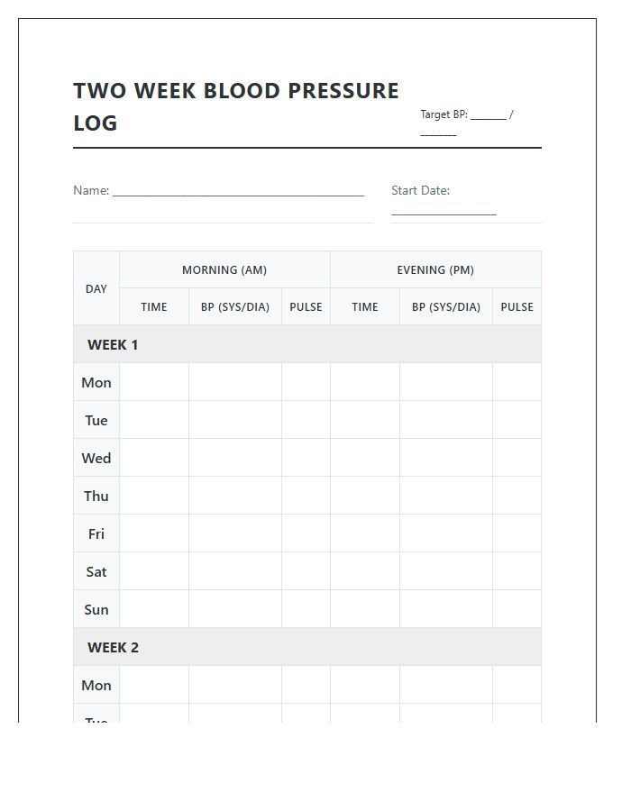 Two Week Printable Blood Pressure Tracking Chart