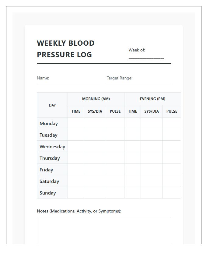 Weekly Printable Blood Pressure Tracking Chart