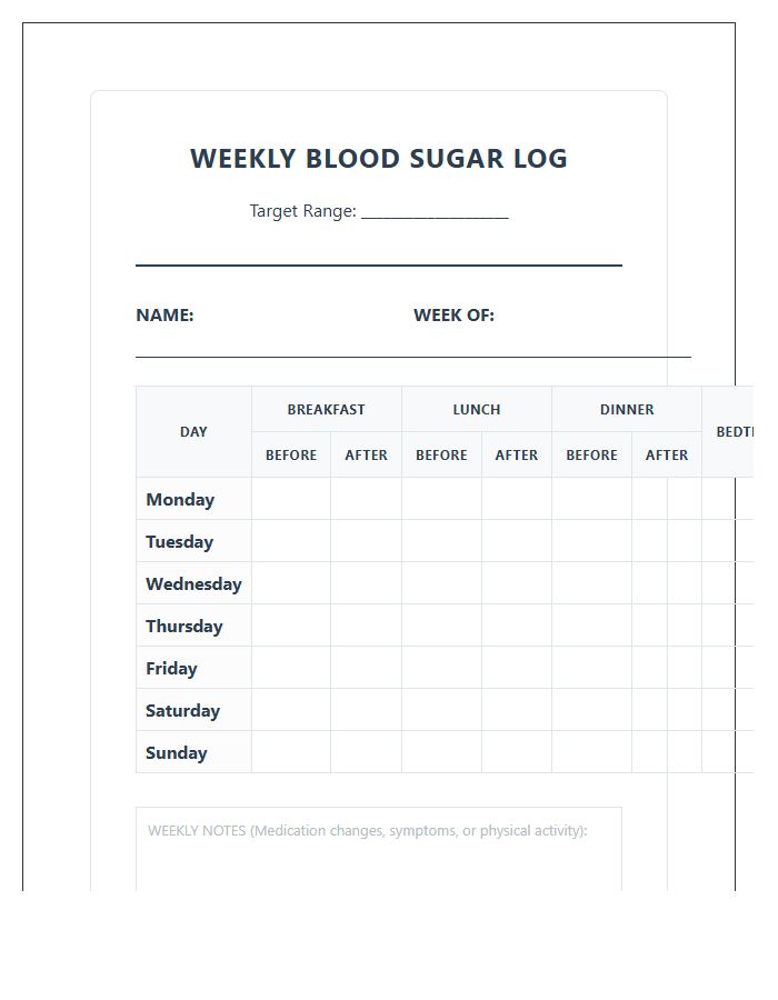 Blood Sugar Tracking Printable Chart For Seniors