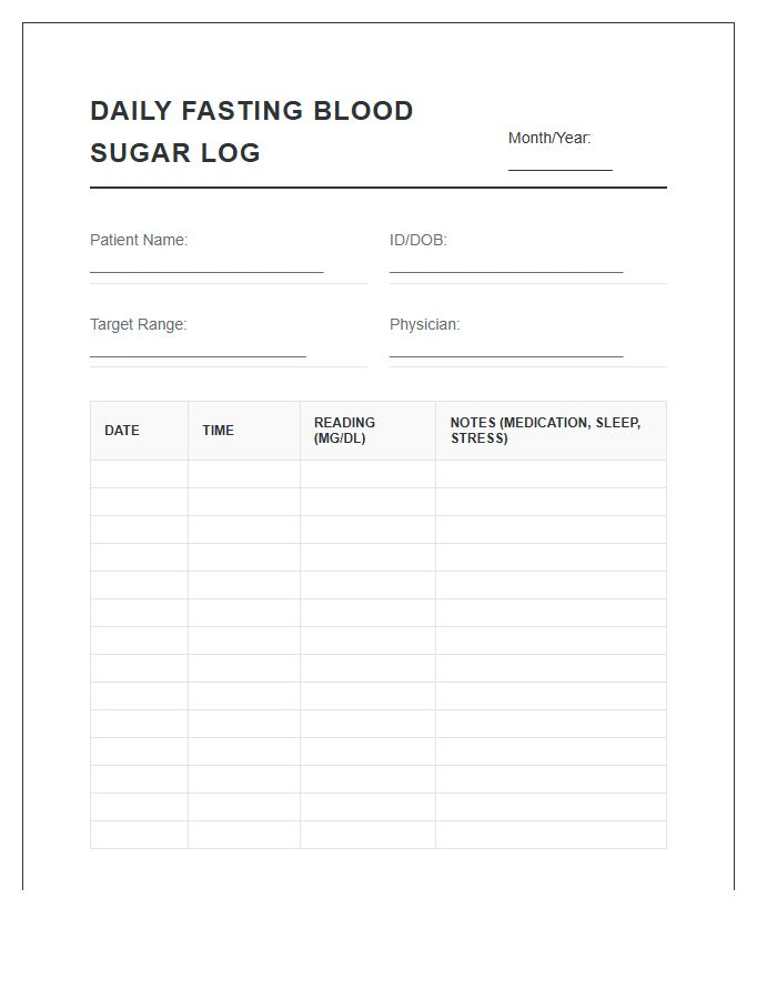 Daily Fasting Blood Sugar Printable Chart For Clinic