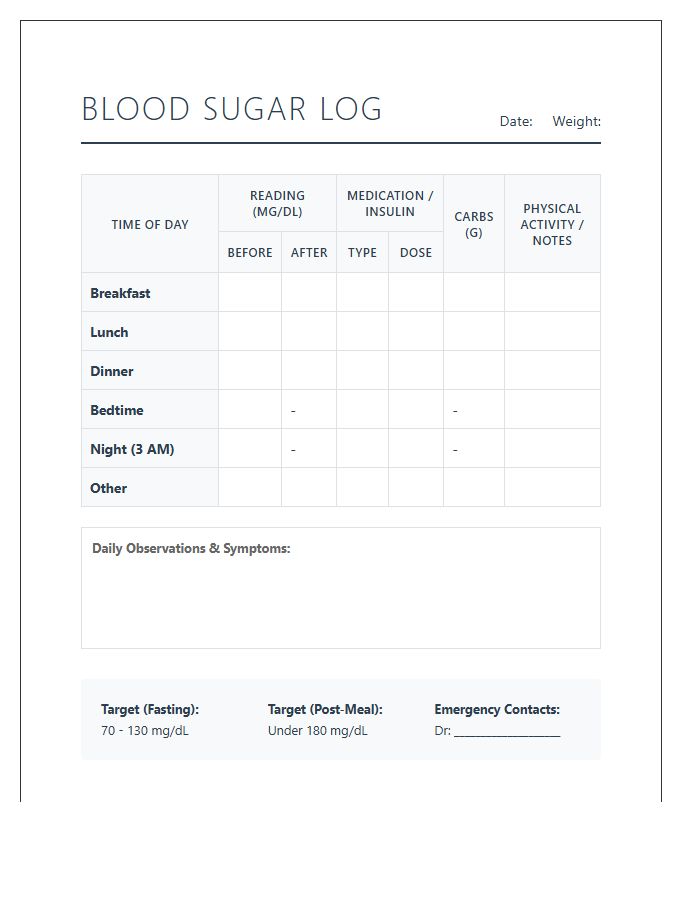 Detailed Diabetic Blood Sugar Printable Daily Chart