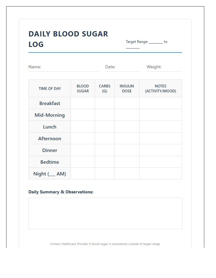 Pediatric Diabetes Daily Blood Sugar Printable Chart