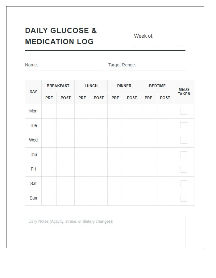 Printable Daily Glucose Chart For Medication Adherence