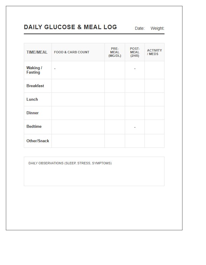 Printable Daily Glucose Chart With Meal Tracking
