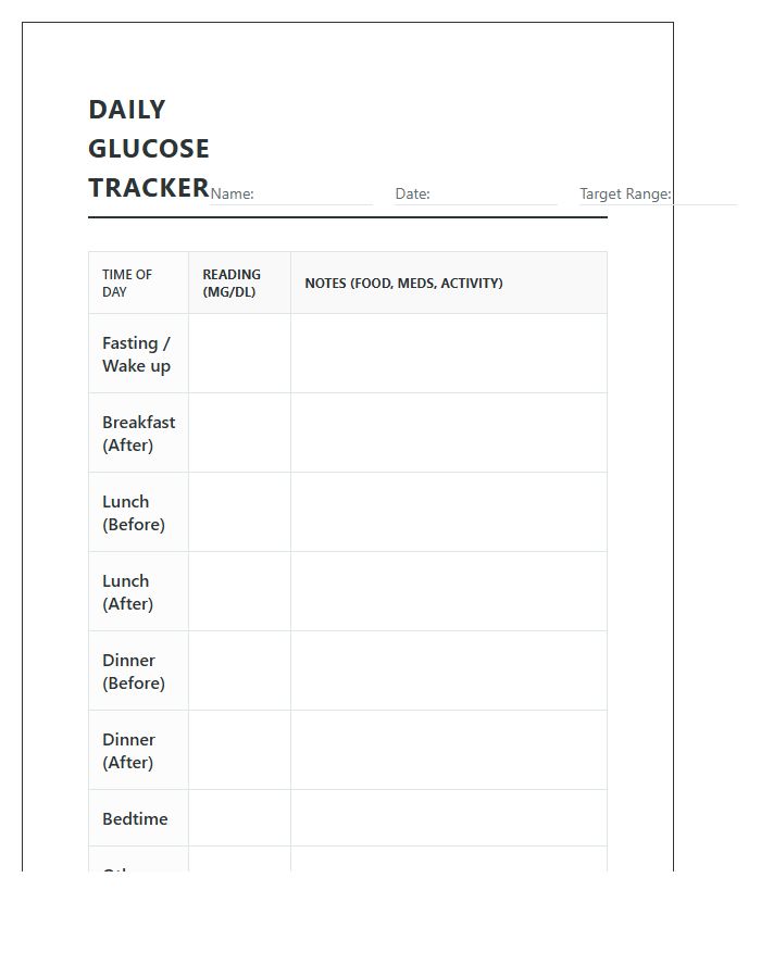 Printable Daily Glucose Level Chart For Health Tracking